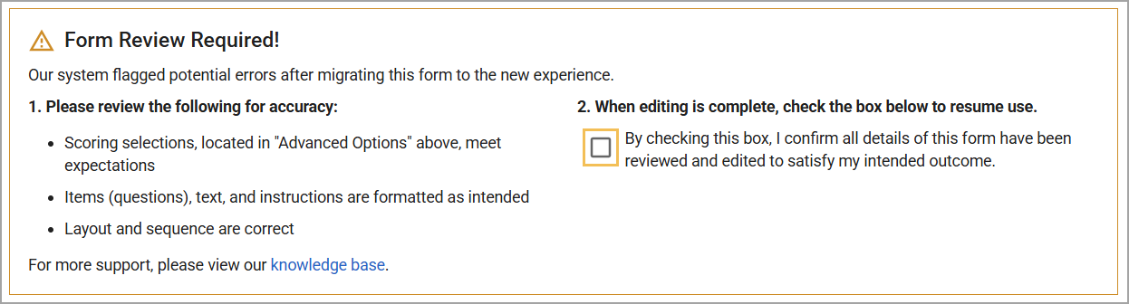 Confirmation checkbox to verify that a user has reviewed and edited the form to their satisfaction.